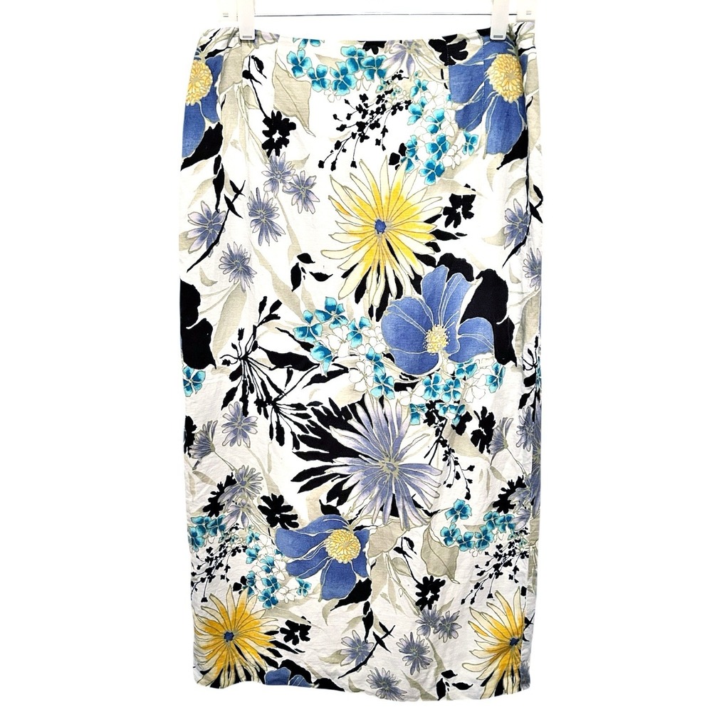 VTG Talbots Linen Midi Skirt Size 12 Floral Blue Yellow Cottage Long Maxi 90s‎